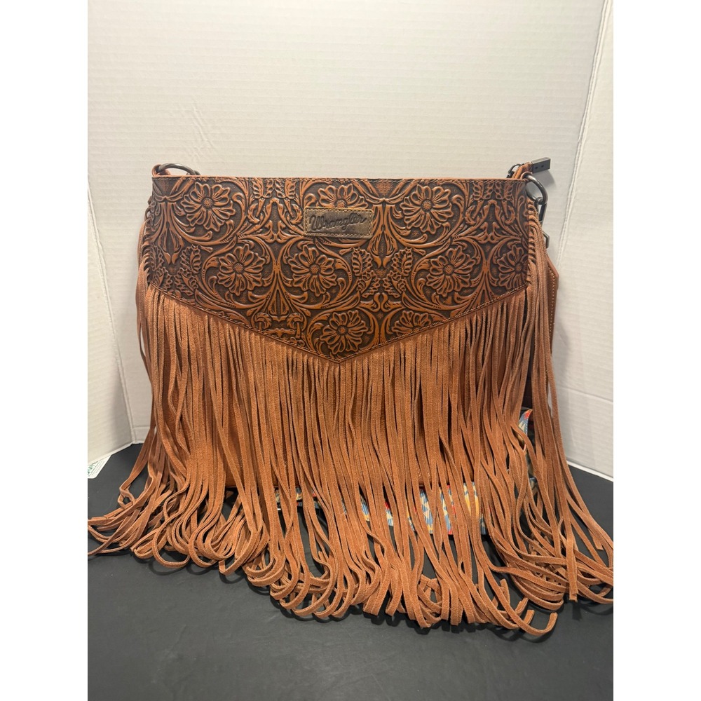 Wrangler Brown Faux Leather Western Fringe Crossbody Bag w/ Aztec Guitar Strap